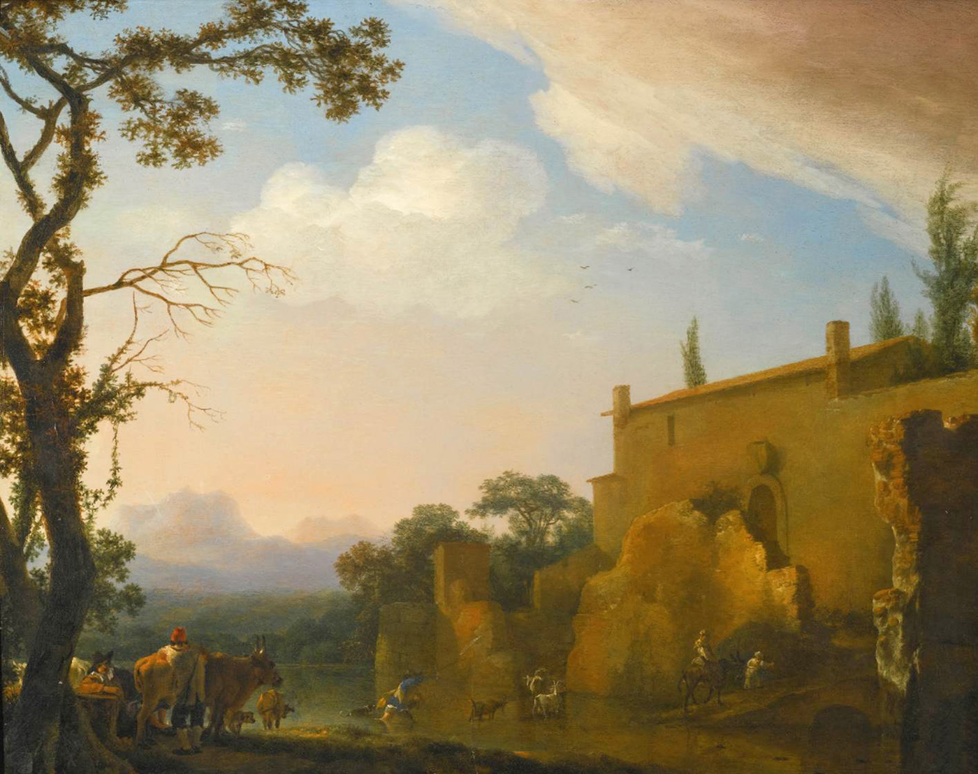 peasants and animals fording a river